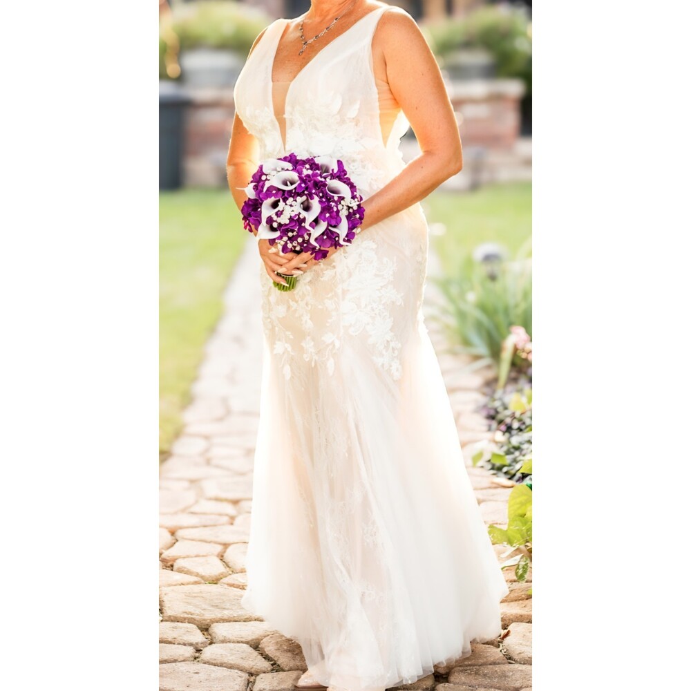 Wedding Dress Cream Sleeveless Sequin Floral Design Womens See Measurements Pics